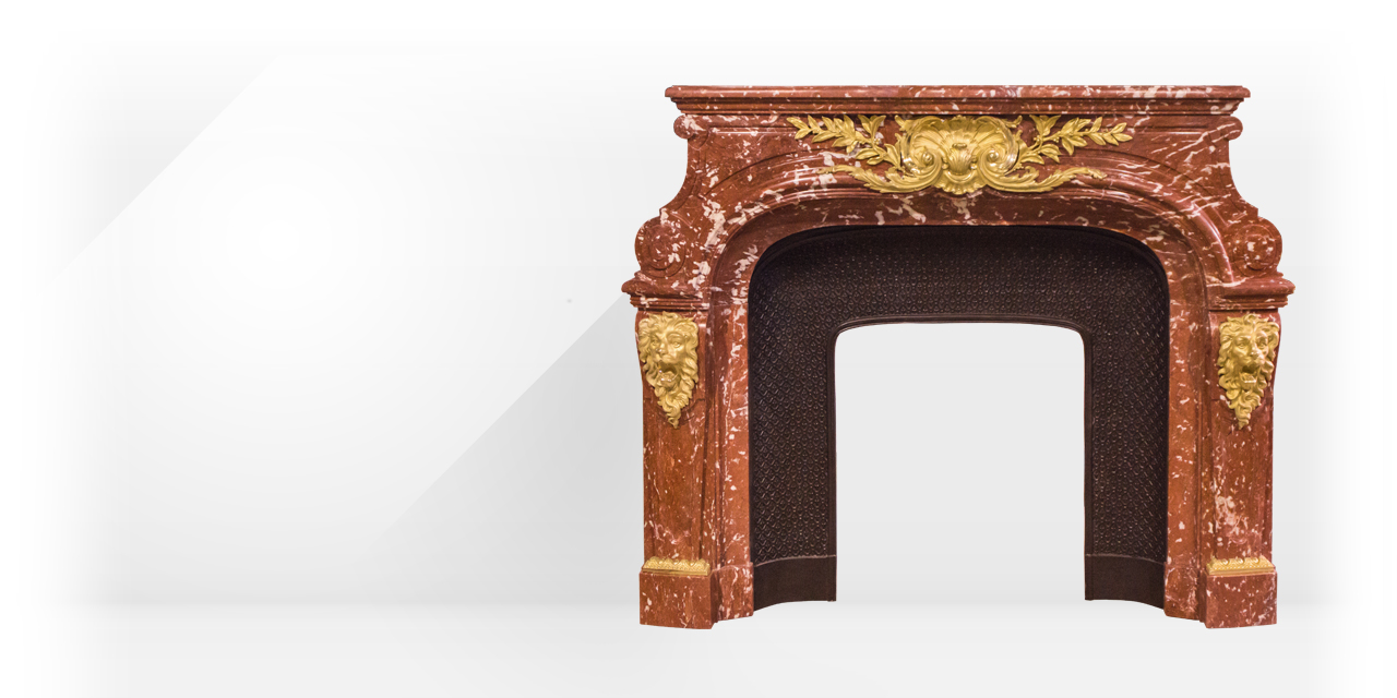 Maison & Maison, marble designer presents his custom-made Louis XIV style fireplace mantel, Grand Siècle, made out of marble, with lions heads in gilded bronze
